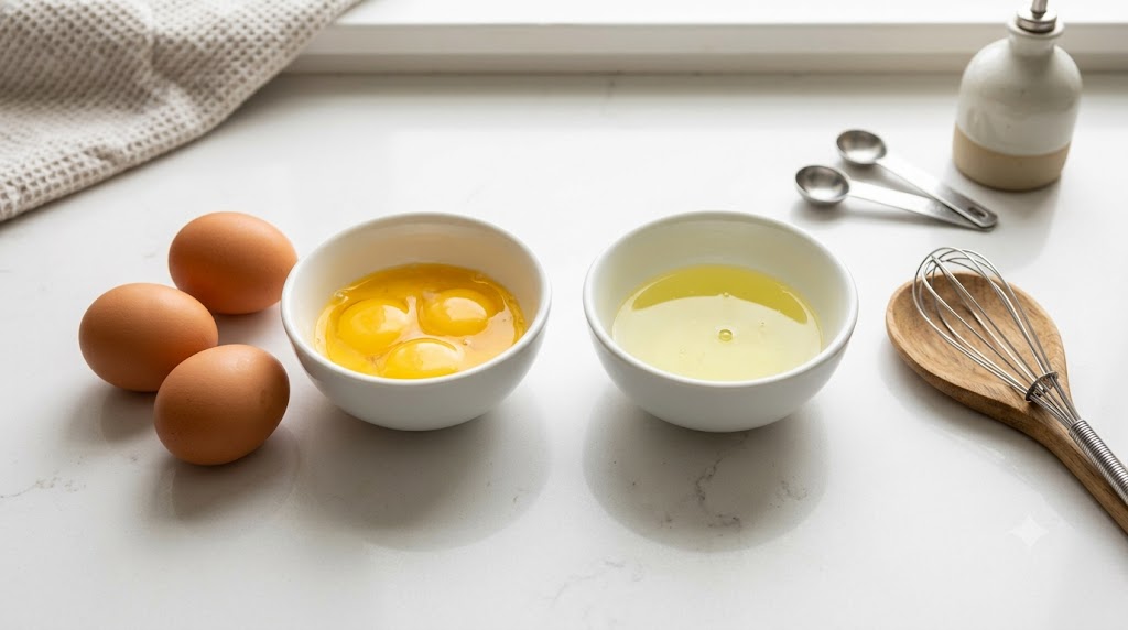 A close-up shot of three brown eggs and two white bowls, one filled with bright yellow egg yolks and the other with clear egg whites, on a marble counter next to a wooden whisk and spoon and measuring spoons.