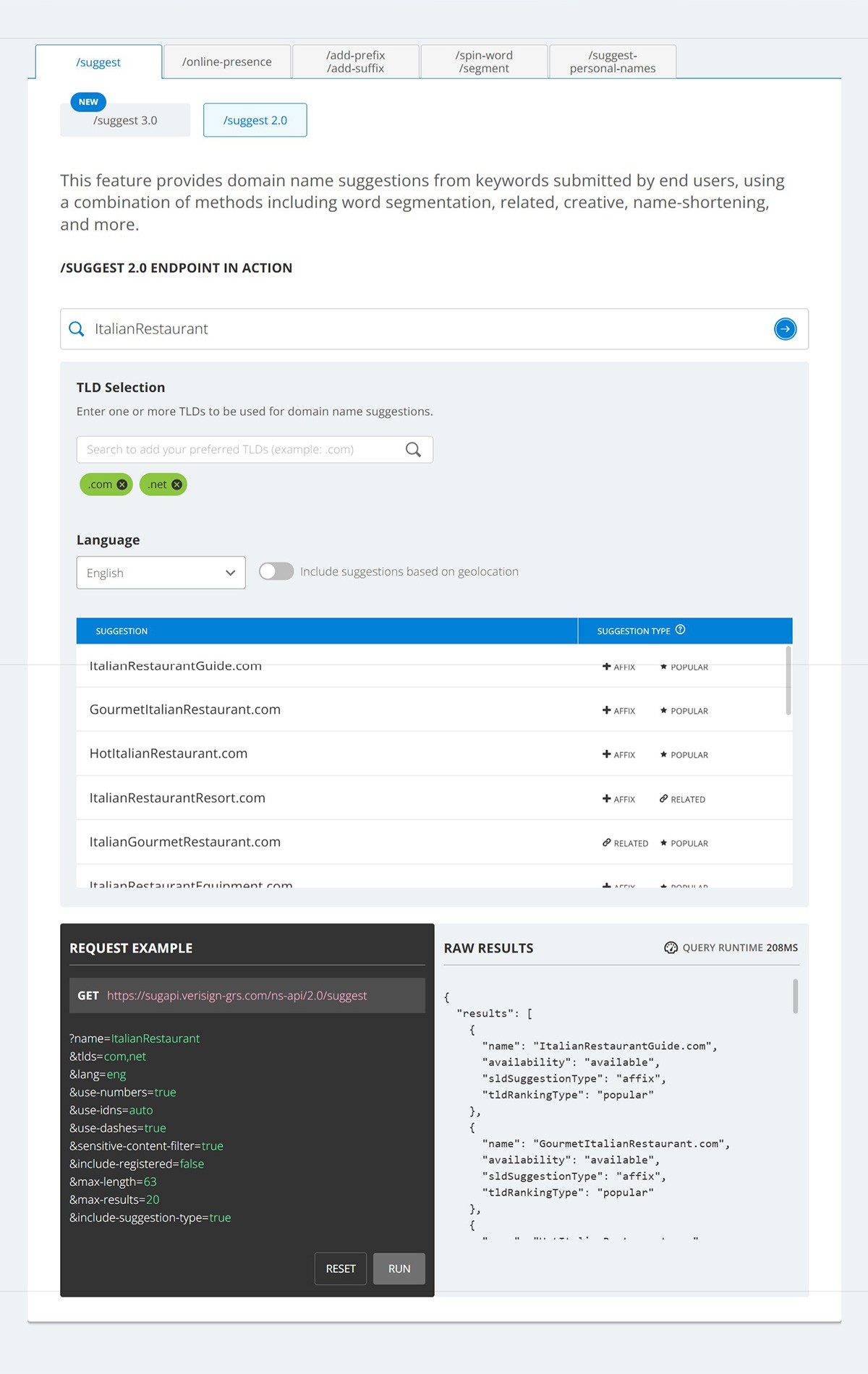 screenshot of the NameStudio API demo page