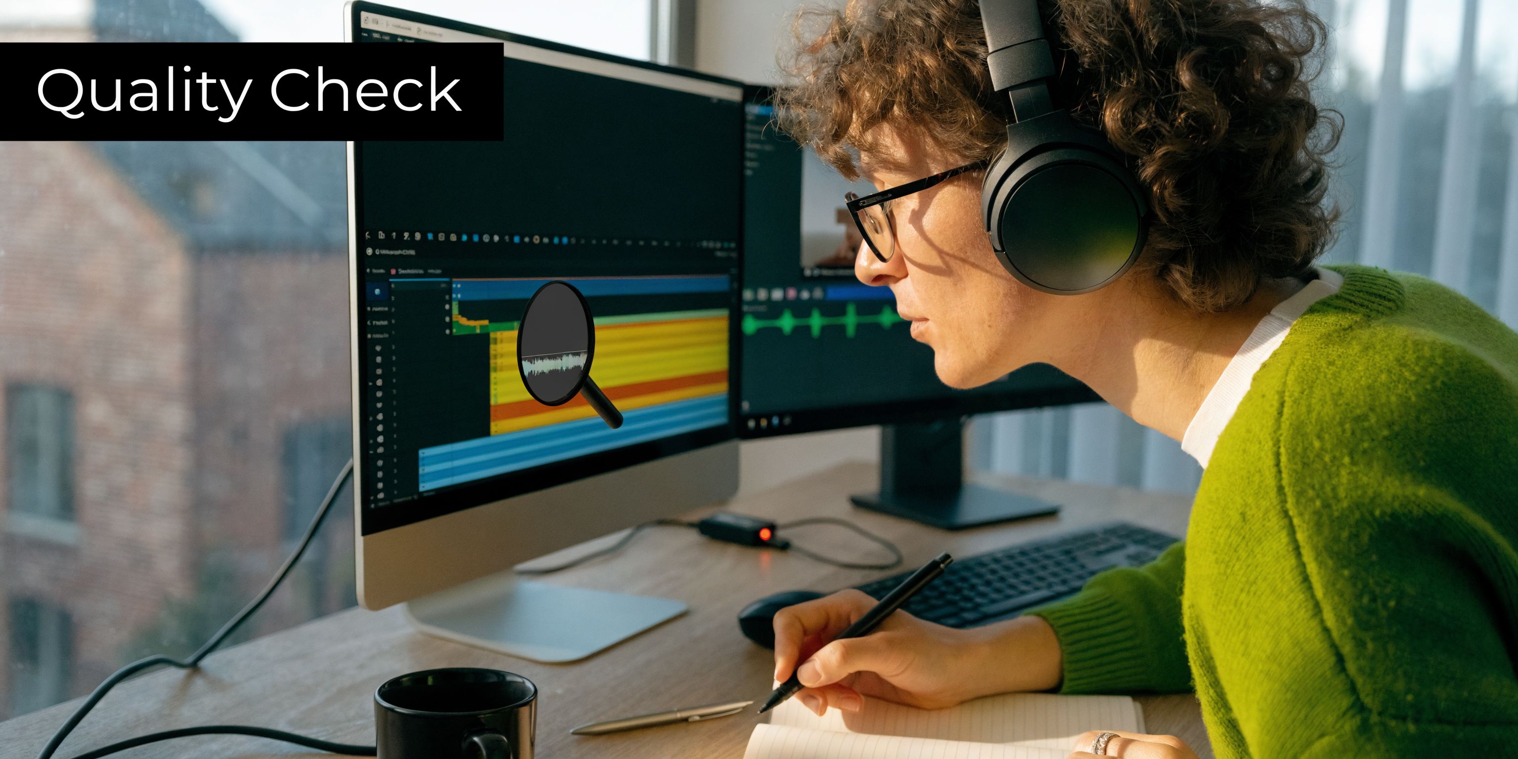 A professional editor using headphones to review audio and video content on dual computer monitors in sunlight.