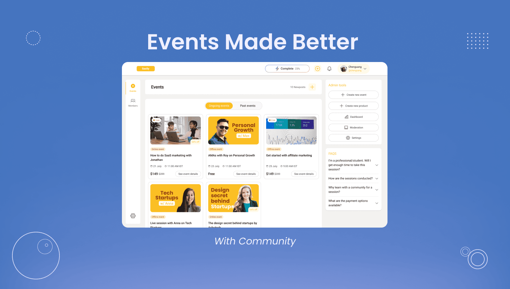 Events listed chronologically within the events tab of a learners community created using Wylo.
