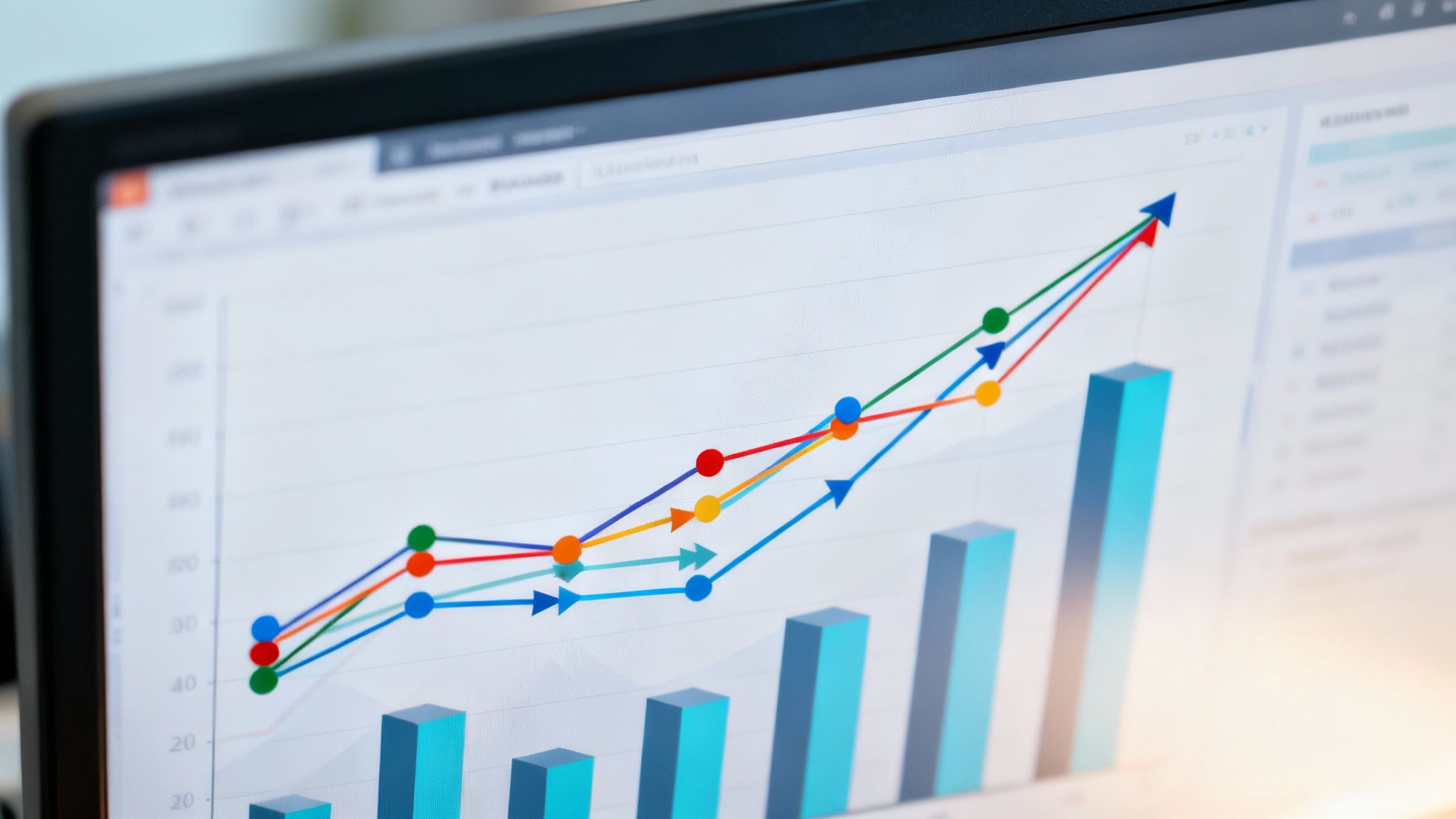 A person analyzing graphs and charts on a digital screen, looking for patterns and insights.
