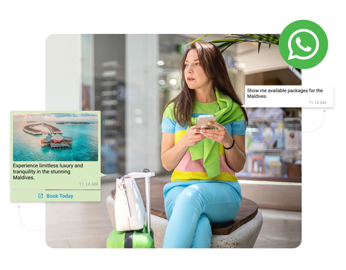 Woman in a colorful outfit sitting on a bench with a suitcase, using her phone to chat on WhatsApp about luxury travel packages to the Maldives, with a scenic Maldives image and text overlay reading "Experience luxury and tranquility in the stunning Maldives" and "Book Today