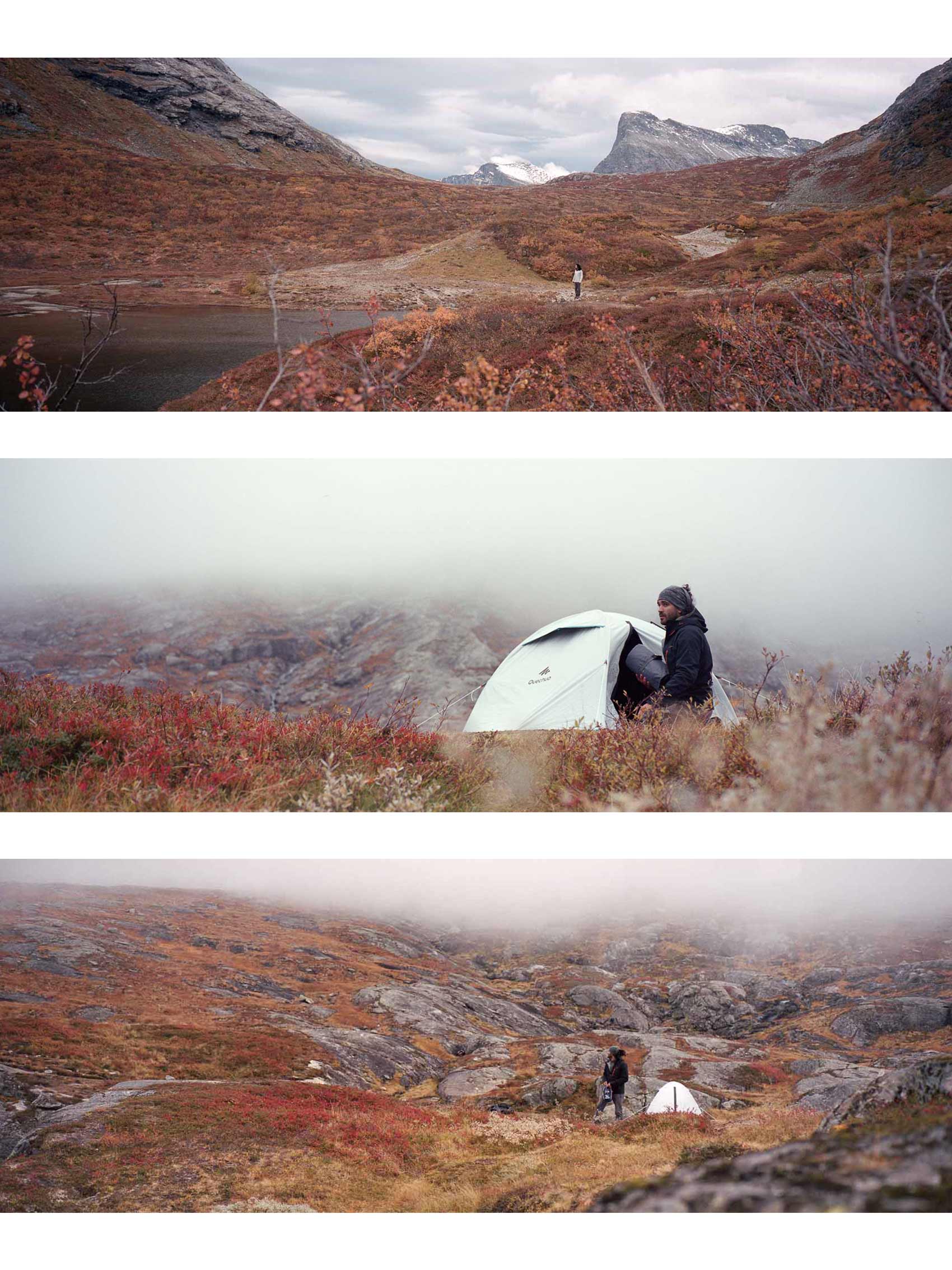 Panoramic film storytelling of camping in the wild triptych wall art from Norway hiking and camping trip, capturing a man camping in the wild in the mountains of Norway.