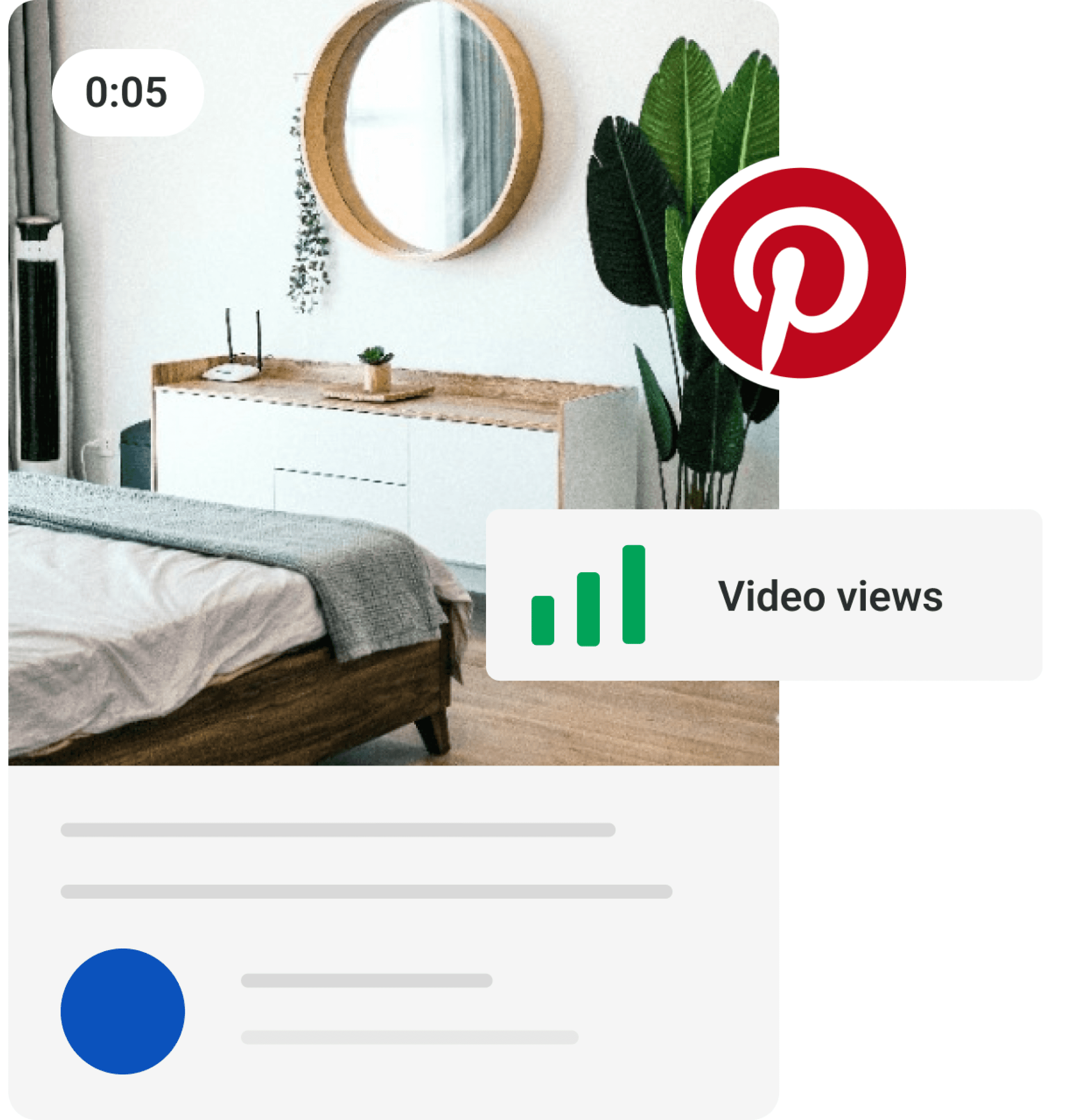 Pinterest video ad for home decor with a view count displayed and a bedroom interior setup