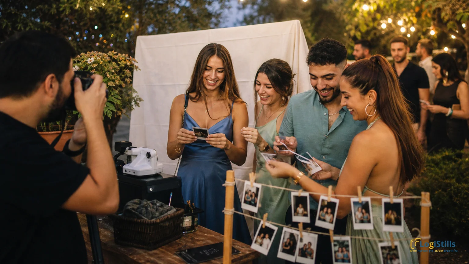 אורחים מצטלמים בפינת פולארויד לצד תלייה של תמונות