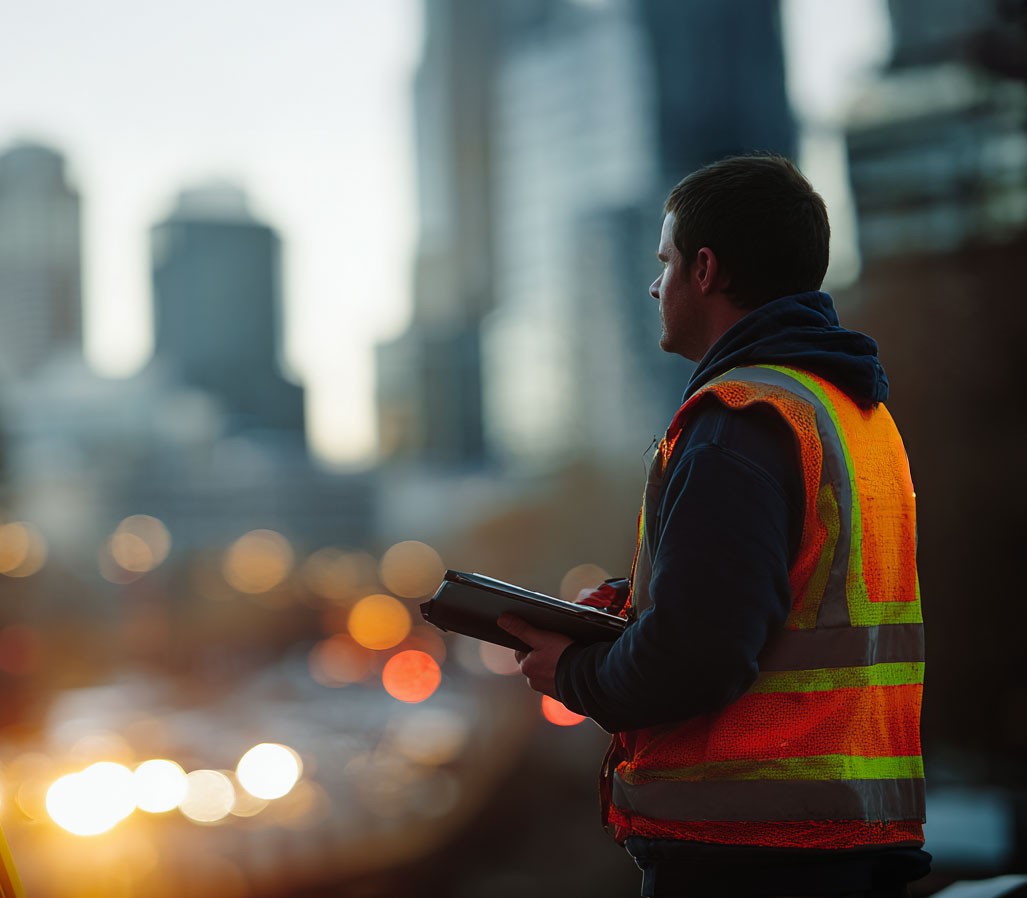 Professional Land Surveyor looking at a clipboard with an urban city landscape in the background