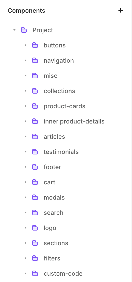 Organized Framer template component structure with reusable modules for product cards, cart, filters, and navigation.