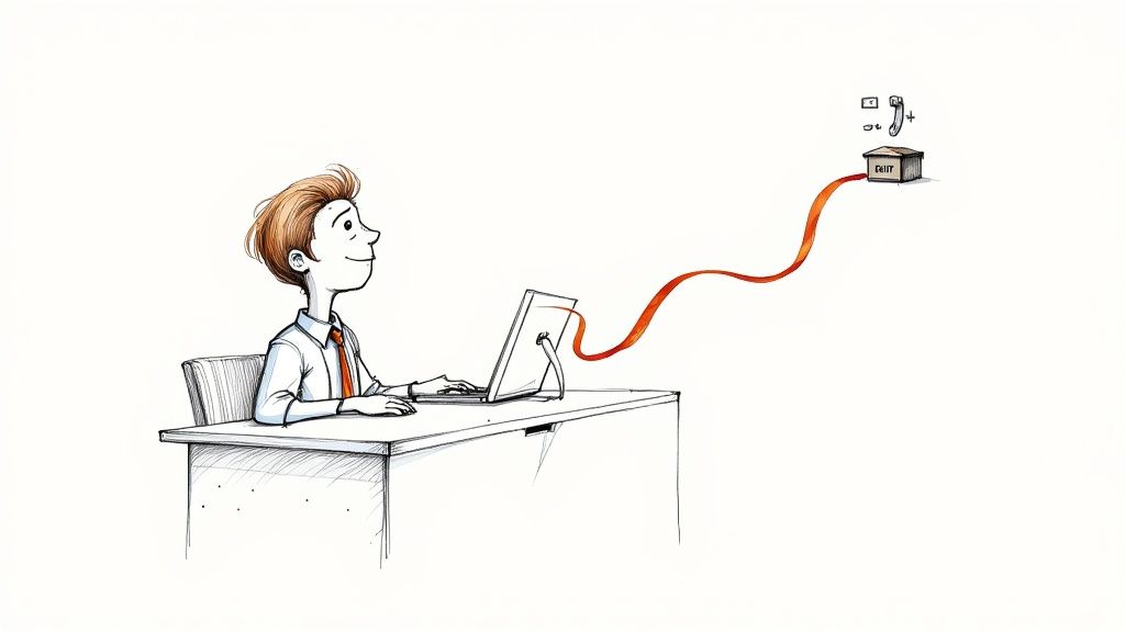 A person typing on a laptop with a focused expression, in a calm, organized workspace.