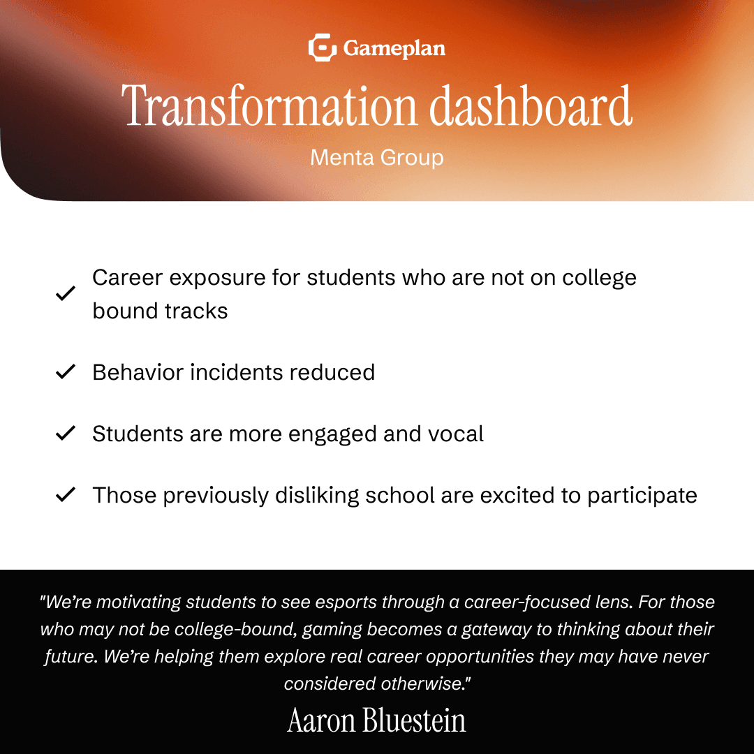 Noticeable improvement in student communication and self-regulation Behavior incidents reduced through esports-based classroom management Special needs students, including those on the autism spectrum, became more engaged and vocal Students are excited to participate, even those who previously disliked school Career exposure for students who are not on college-bound tracks "We’re motivating students to see esports through a career-focused lens. For those who may not be college-bound, gaming becomes a gateway to thinking about their future. Through video games and esports, we’re helping them explore real career opportunities they may have never considered otherwise." – Aaron Bluestein