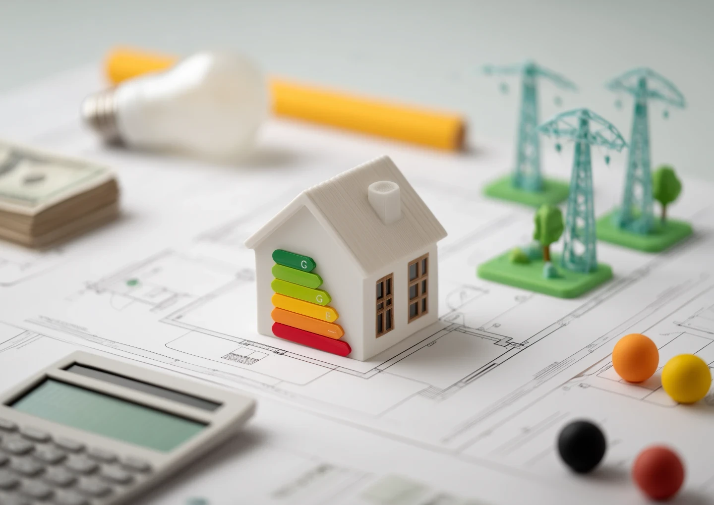 small model house with UK energy ratings by its side set on a piece of paper with a calculate, balls and power lines