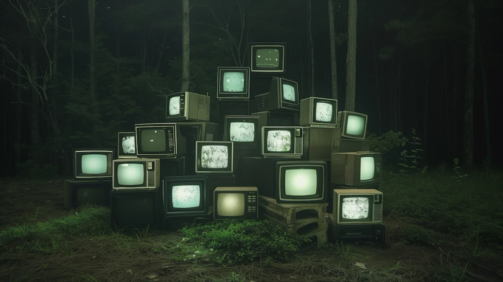 Viele verschiedene Fernseher aufebaut in einem Wald.
