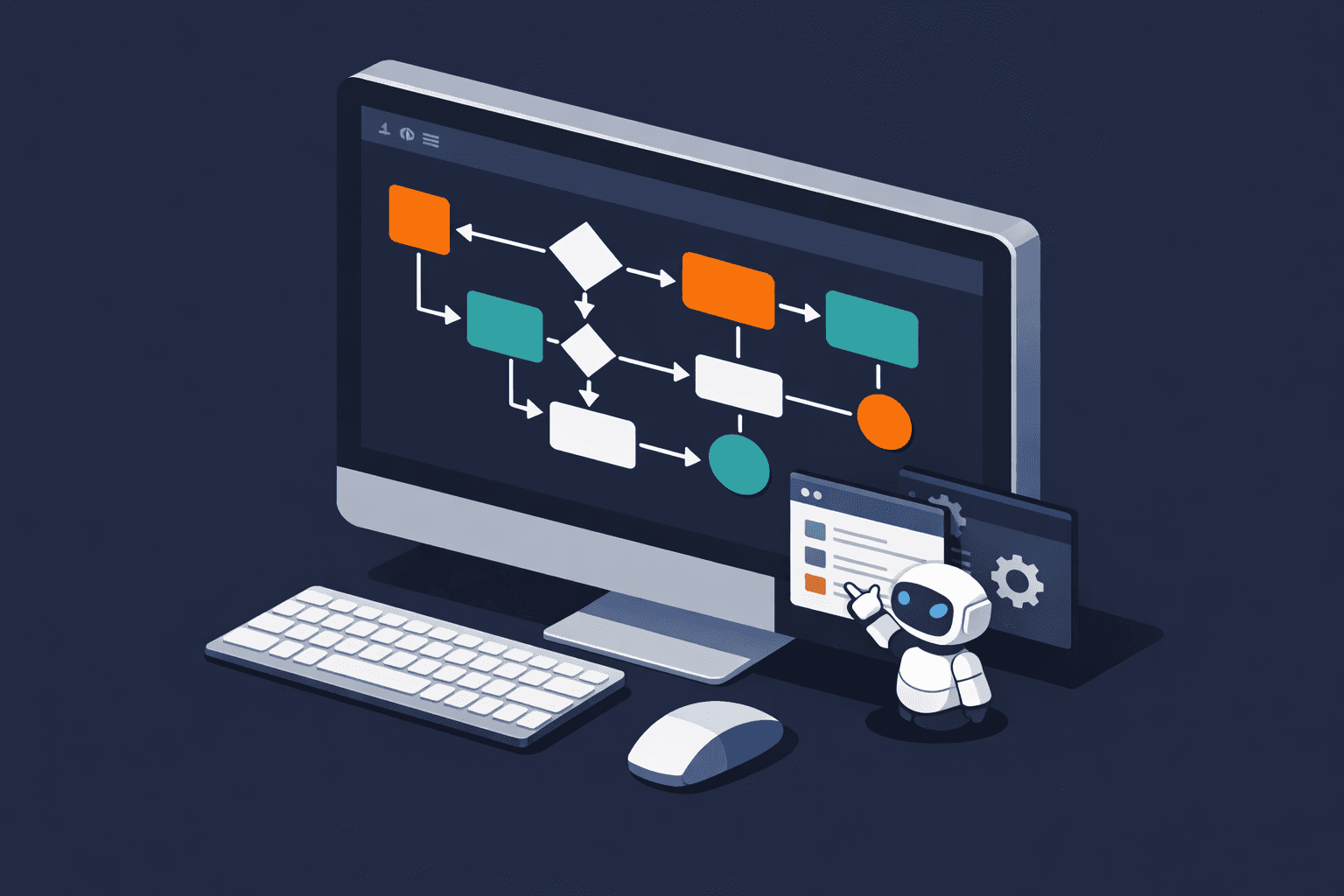 Infographic on a desktop computer illustrating desktop flow automation with connected steps, automated actions, and streamlined business processes