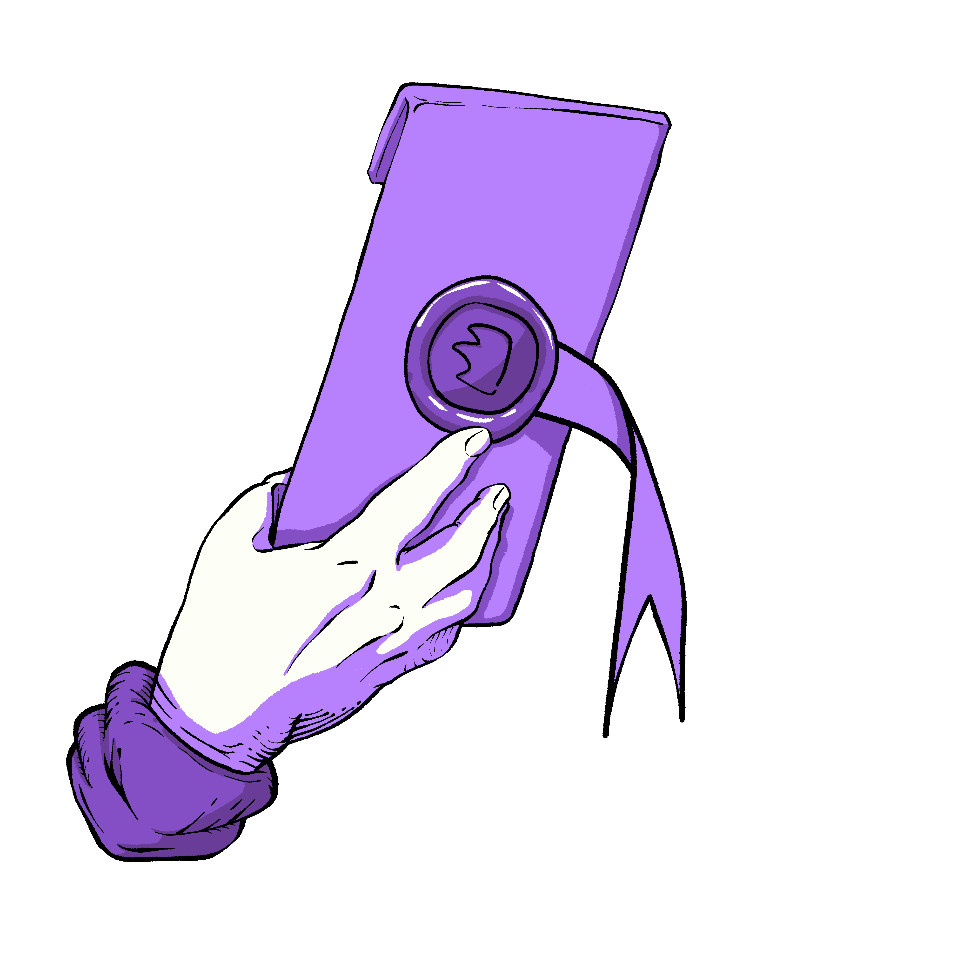 Illustration of a hand holding a letter with royal emblem.