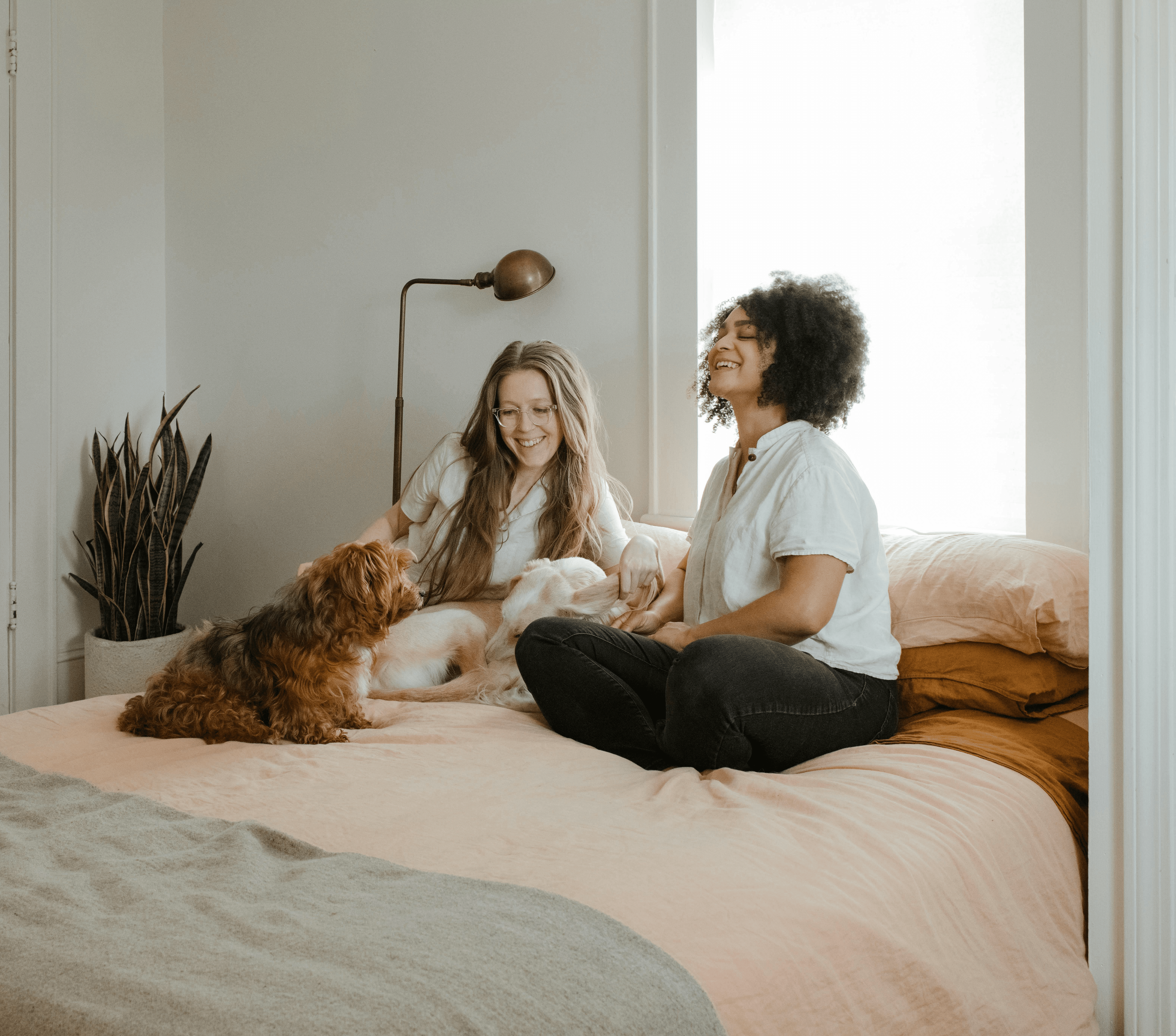 woman in white long sleeve shirt sitting on bed beside brown dog