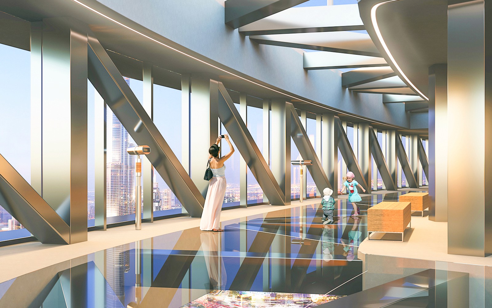 Besökare som njuter av utsikten från Burj Khalifa At The Top L124, Dubai.