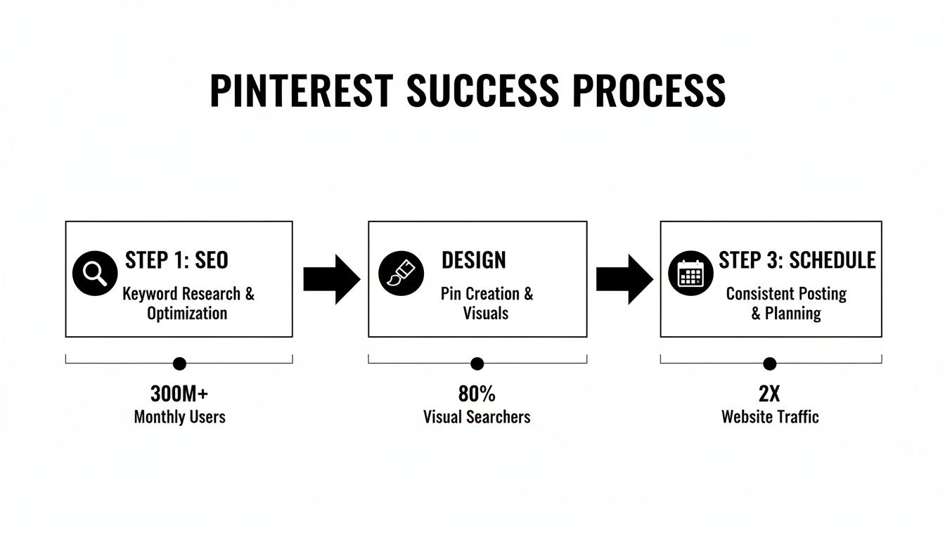 Diagram showing the Pinterest success process with steps for SEO, Design, and Scheduling to gain traffic.