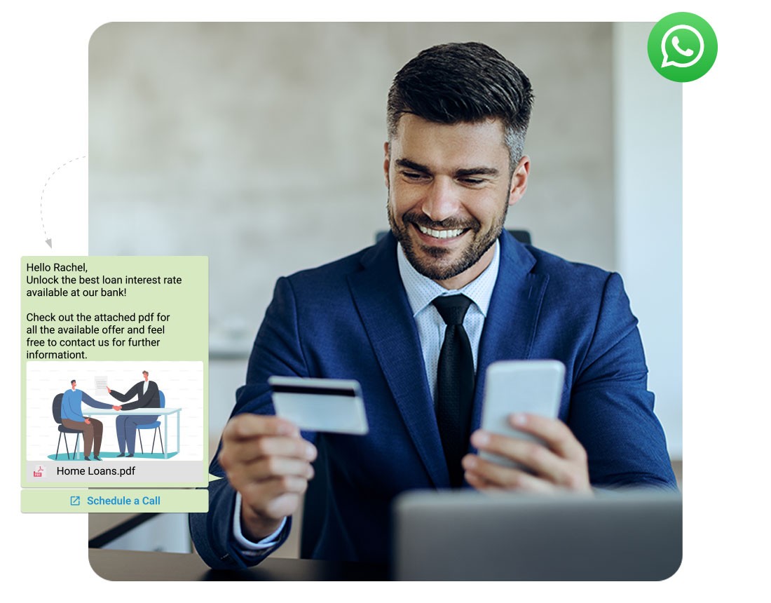 Digital illustration showing a man in a suit holding a credit card and smartphone, with a WhatsApp chat bubble promoting home loan interest rates and a PDF attachment. A WhatsApp icon is visible in the top right corne