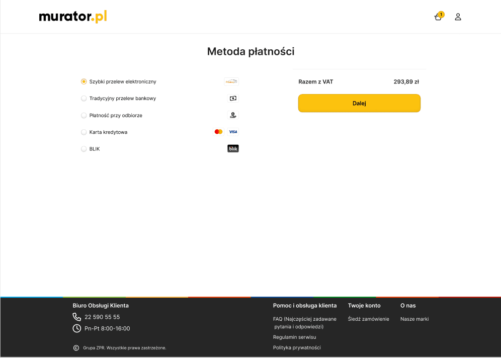 Desktop "Payment Method" view for Murator, featuring a radio button list of secure payment options including Quick Online Transfer, Traditional Bank Transfer, Payment on Delivery, Credit Card (Visa/Mastercard), and BLIK.