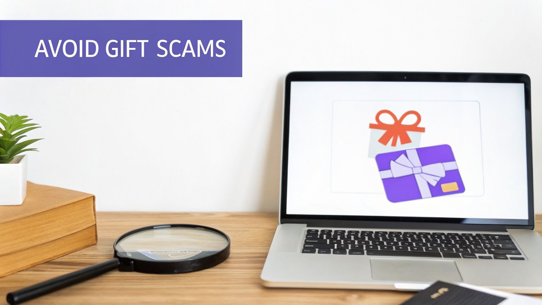 A laptop on a desk displays gift card images, with a plant, book, and magnifying glass nearby. Banner reads 'AVOID GIFT SCAMS'.