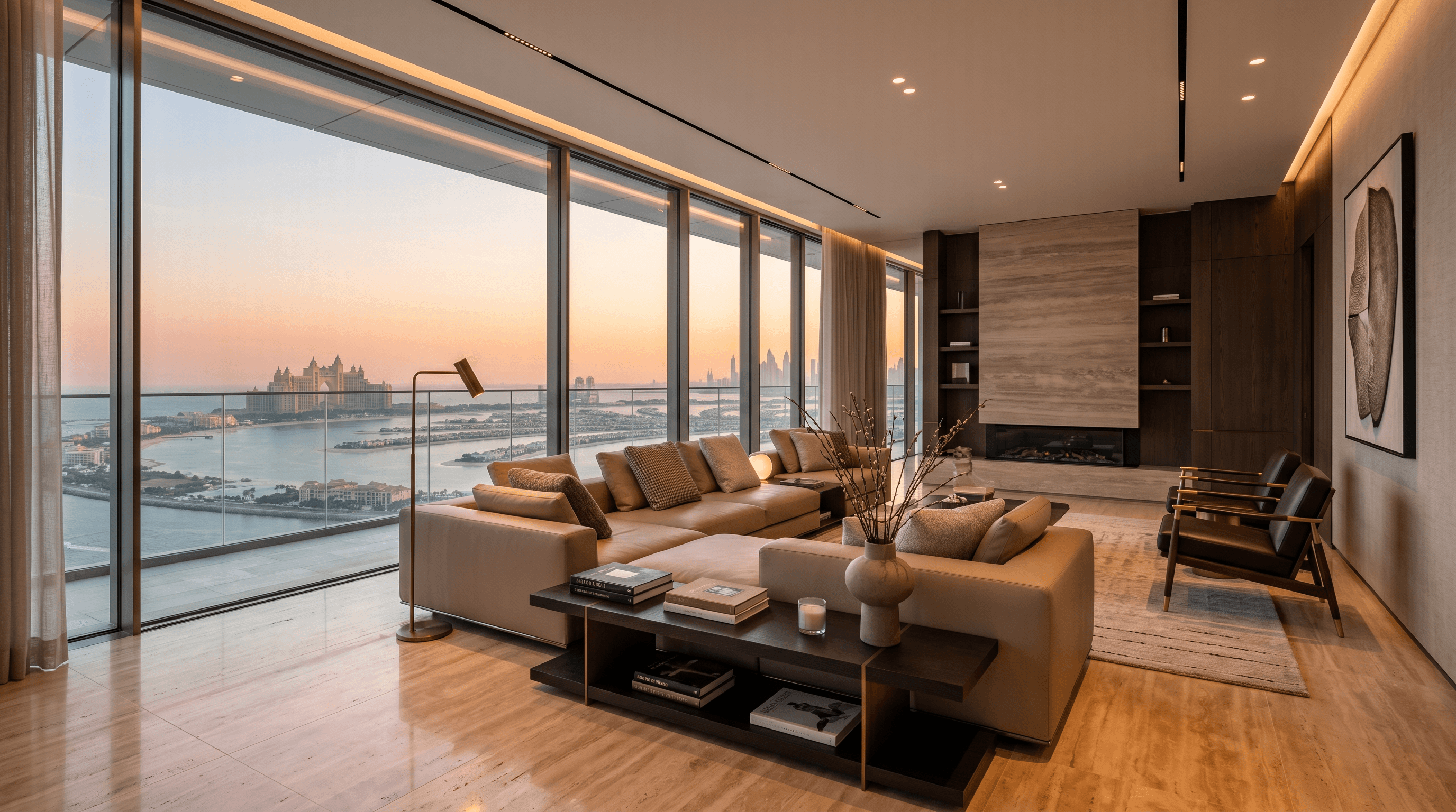 Modern white house with warm lighting, large windows, and a tiled roof at dusk. The atmosphere is serene and inviting, with a clear sky and greenery.