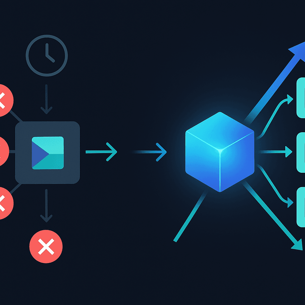 Side-by-side graphic contrasting single-gateway static retries with AI-driven multi-gateway recovery gains.