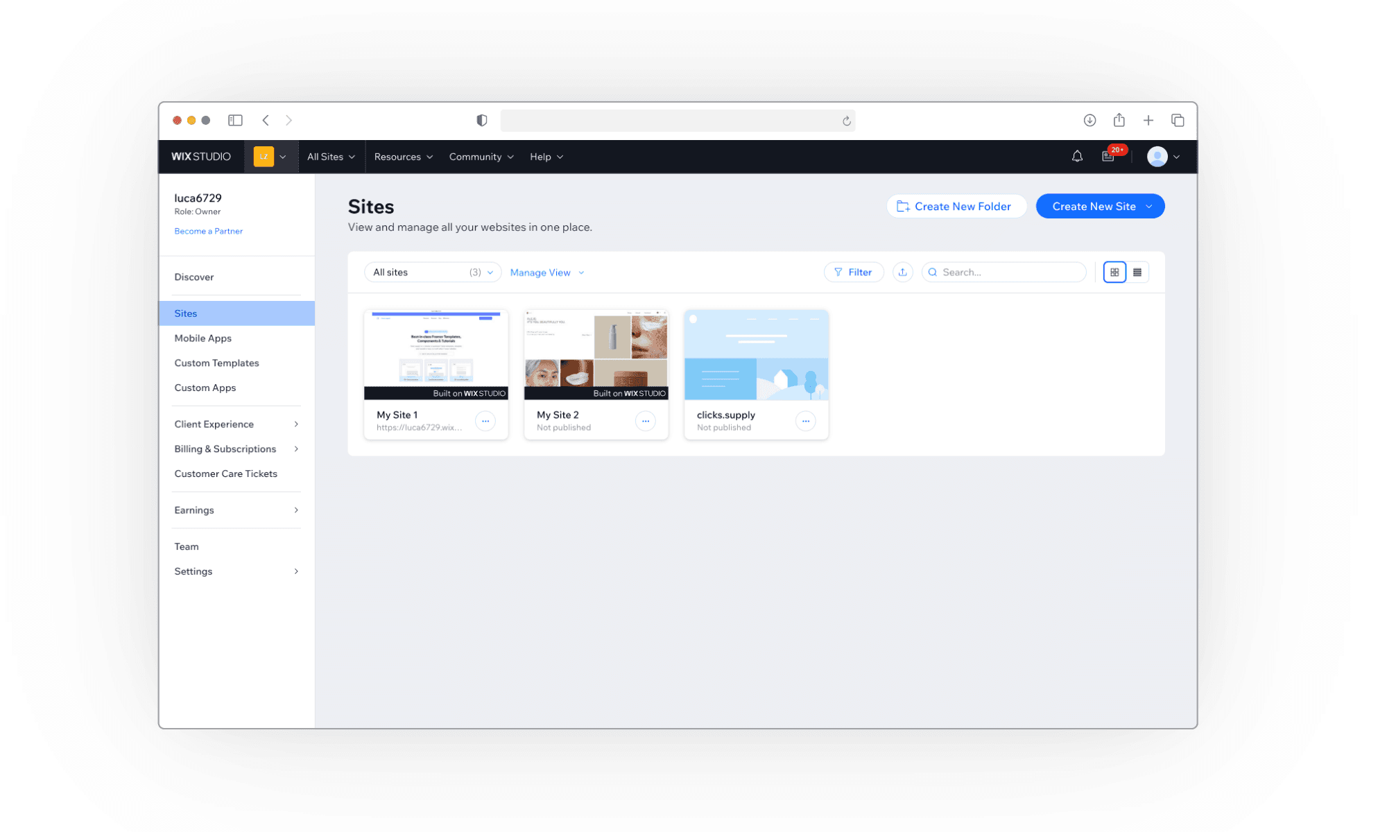 Wix studio dashboard