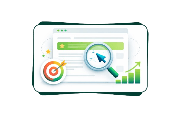 Minimalistic illustration of a search results page with a highlighted result, cursor icon, target symbol, and rising bar chart inside a white card with green border, representing click-through rate performance.