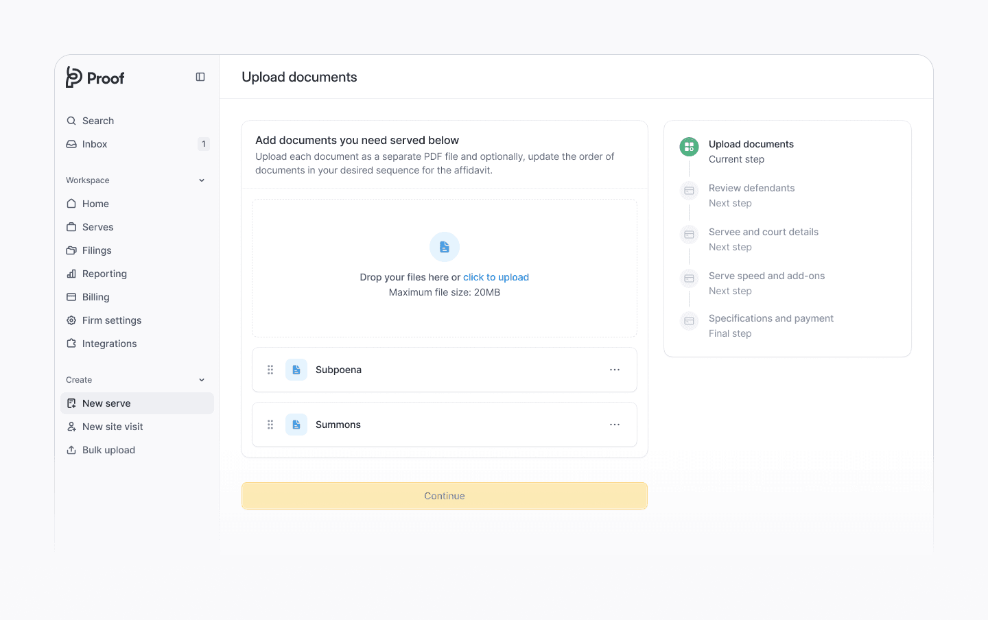 Proof client dashboard showing a completed service of process job with attempt history, job details, and integrated chat.