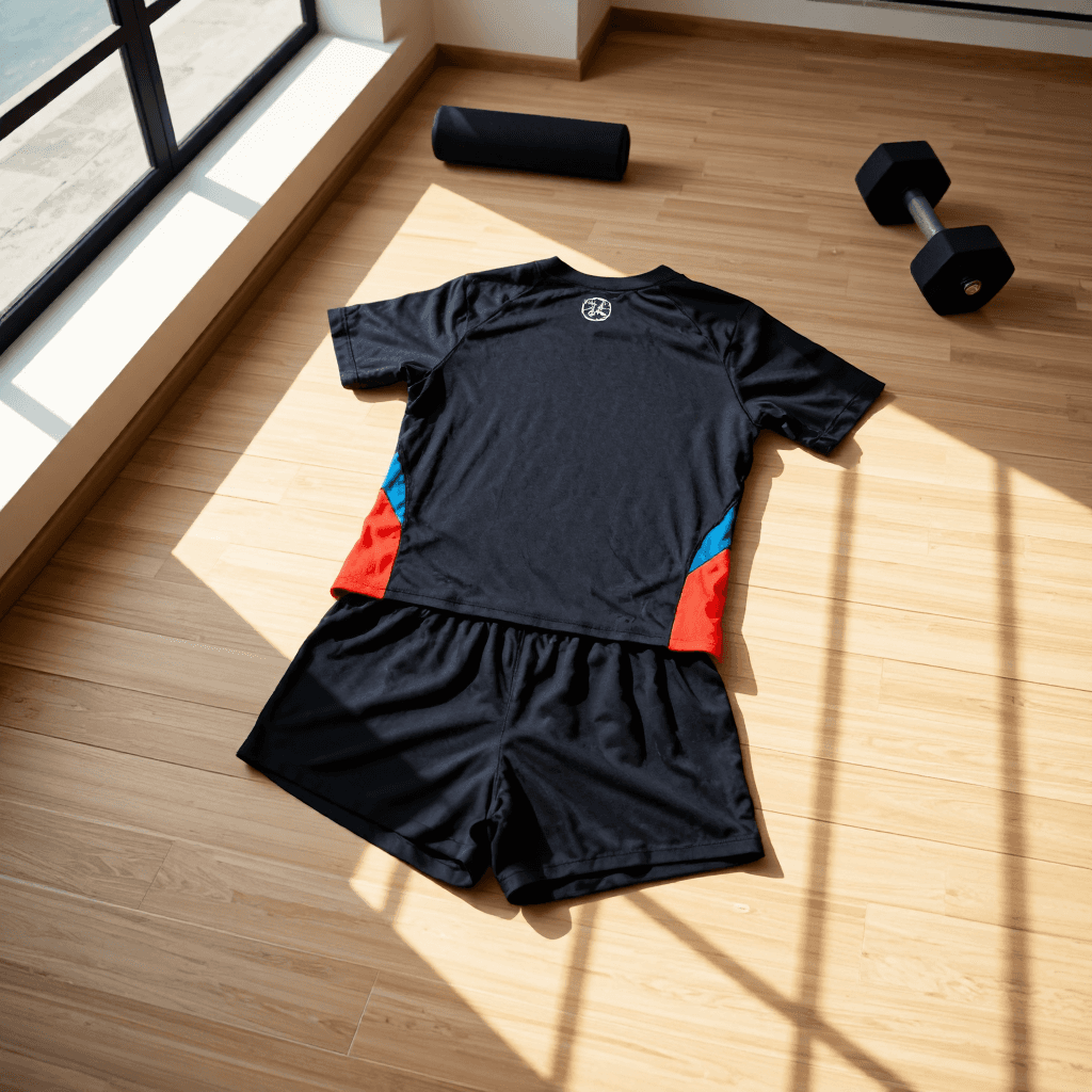 product photography of a set of sportswear including a shirt and shorts, designed for athletic use
