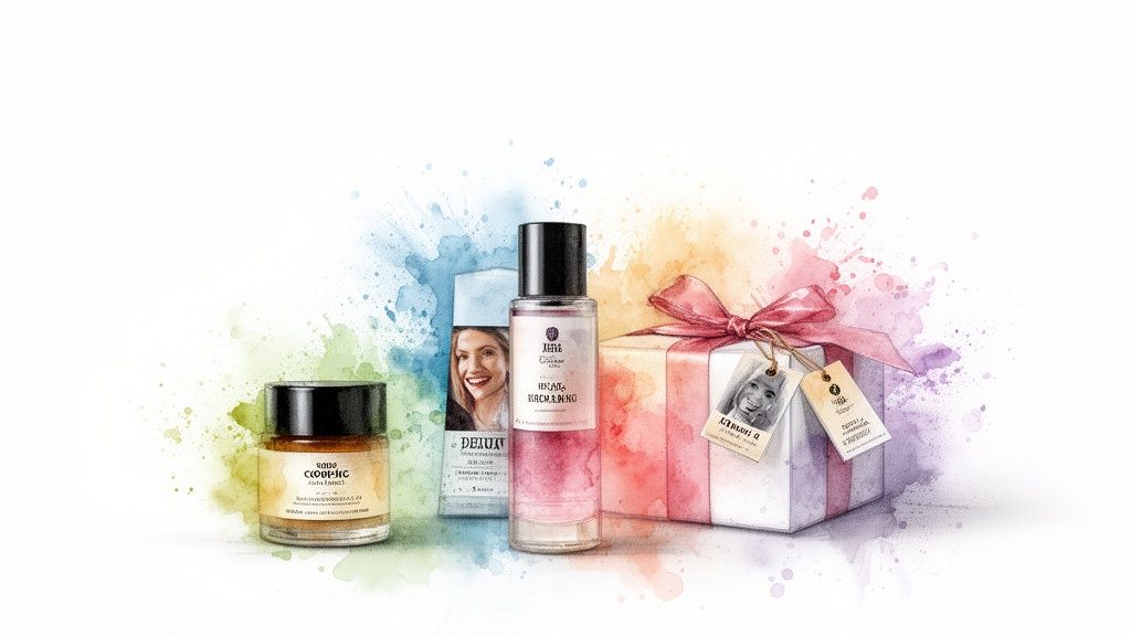 Three cosmetic products and a gift box with a pink bow against a colorful watercolor background.