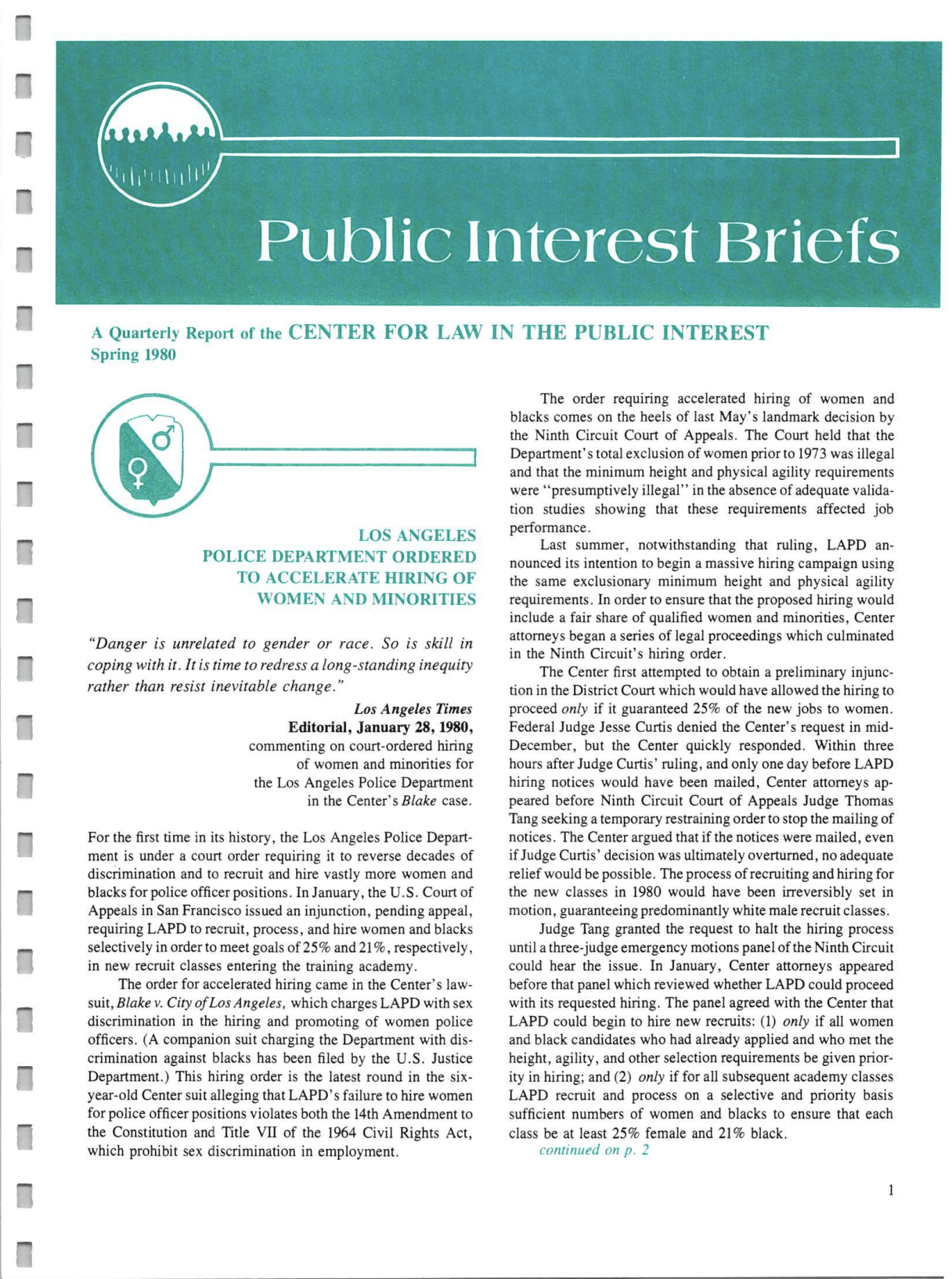 Cover of Center for Law In The Public Interest's Quarterly Report, Spring 1980 Edition Public Interest Briefs