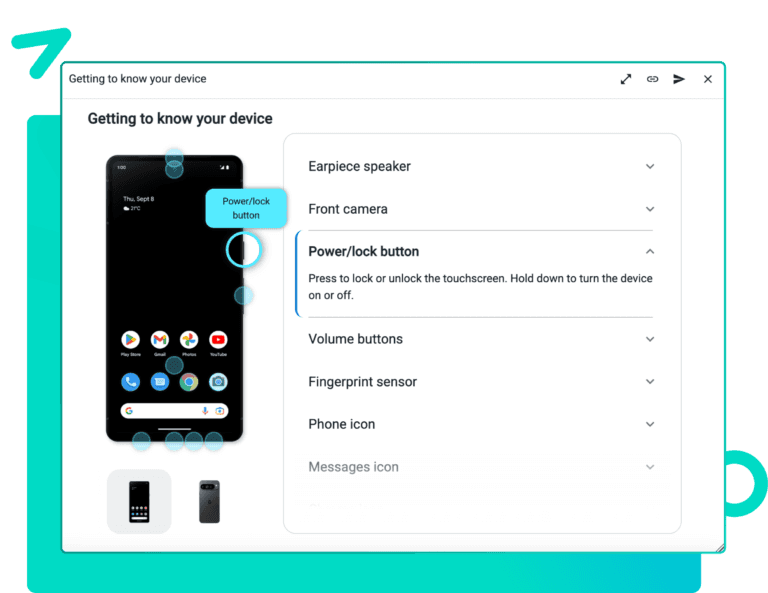 Device tour highlighting the power button on a phone