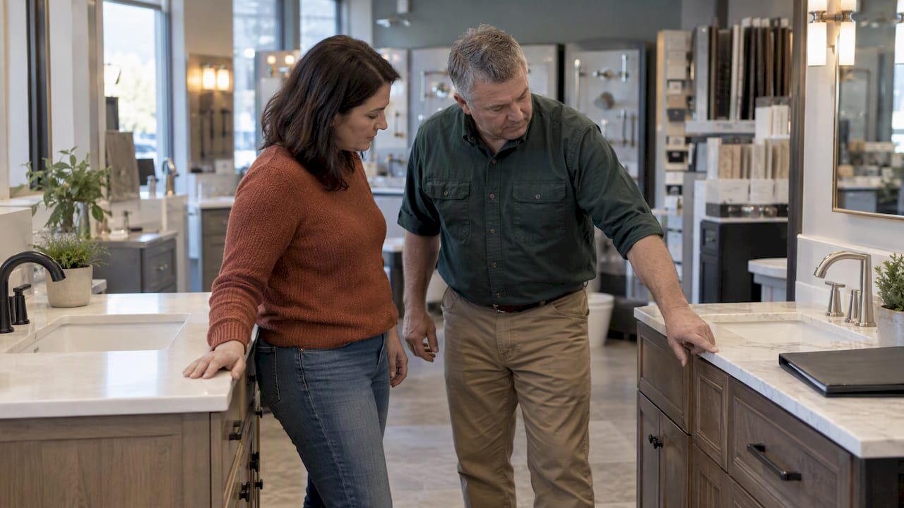 Homeowner compares vanity options with contractor