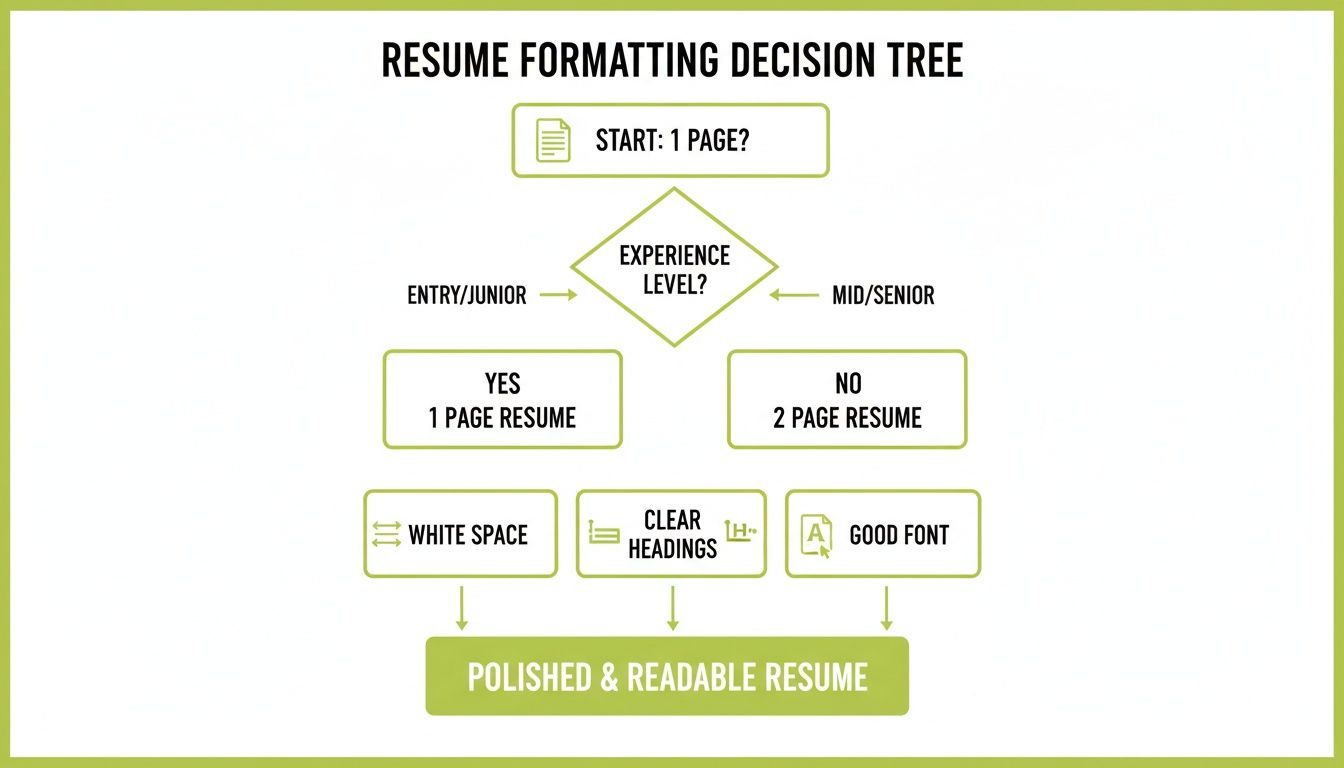 A flowchart, 'Resume Formatting Decision Tree', guiding users on resume length and formatting tips.