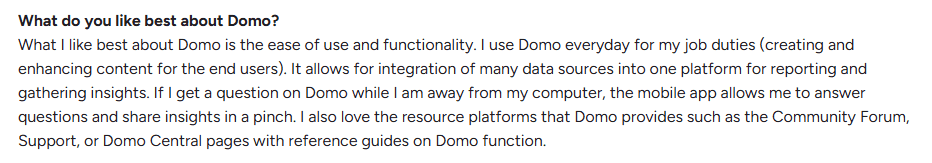Domo user review highlighting ease of use, integrations, and mobile access