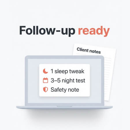 One doable sleep improvement prompt thumbnail showing “Follow-up ready” with a laptop message card listing “1 sleep tweak”, “3–5 night test”, and “Safety note” for menopause coaches