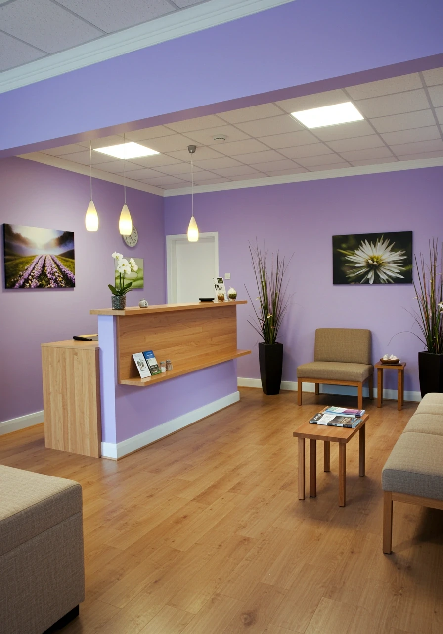 Peaceful wellness center featuring lavender walls, natural wood, and calming design elements