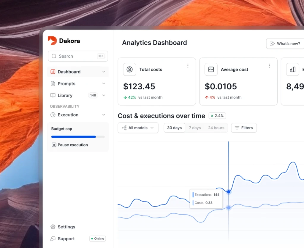 Dakora dashboard showing LLM cost analytics and token usage by project and user.