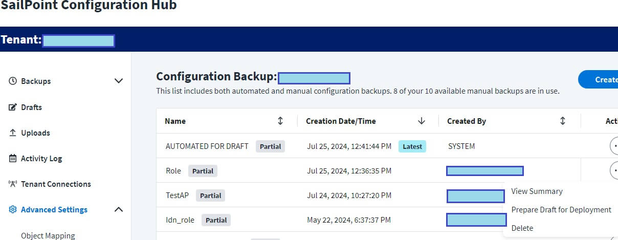 Backup creation page in SailPoint configuration hub