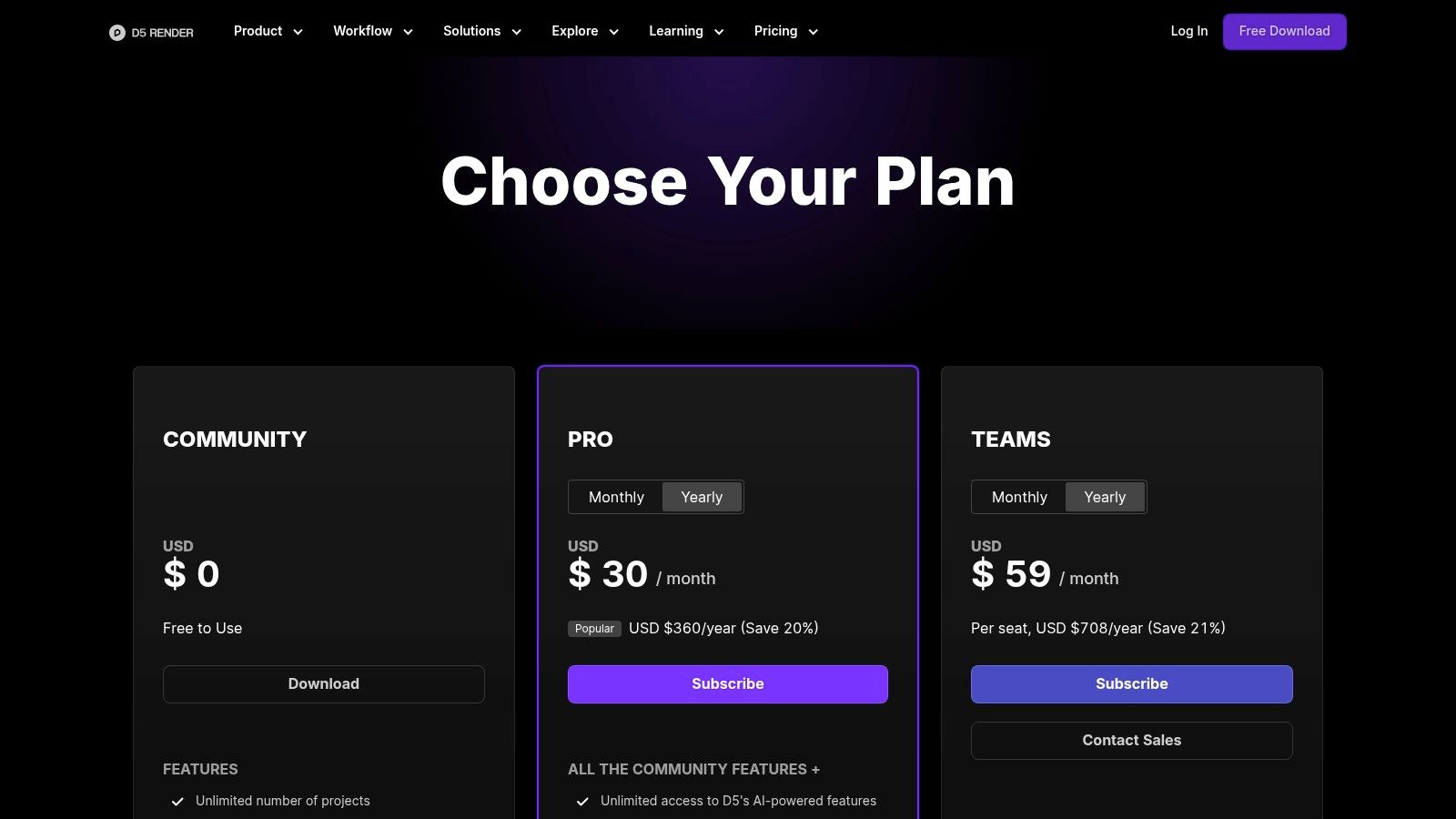 A screenshot of the D5 Render pricing page, showing different subscription tiers.