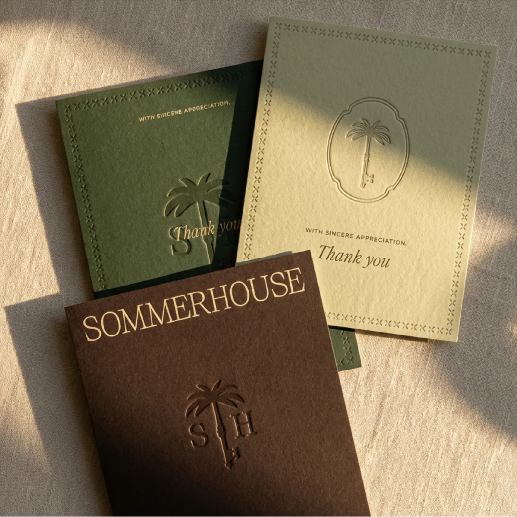 A collection of 3 thank you cards in brown, deep green and sage green.