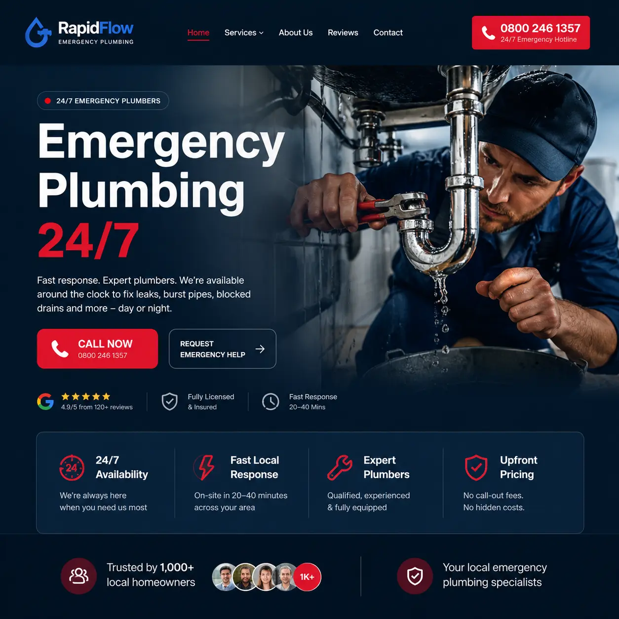 Emergency plumber fixing a burst pipe under a sink — RapidFlow 24/7 emergency plumbing service