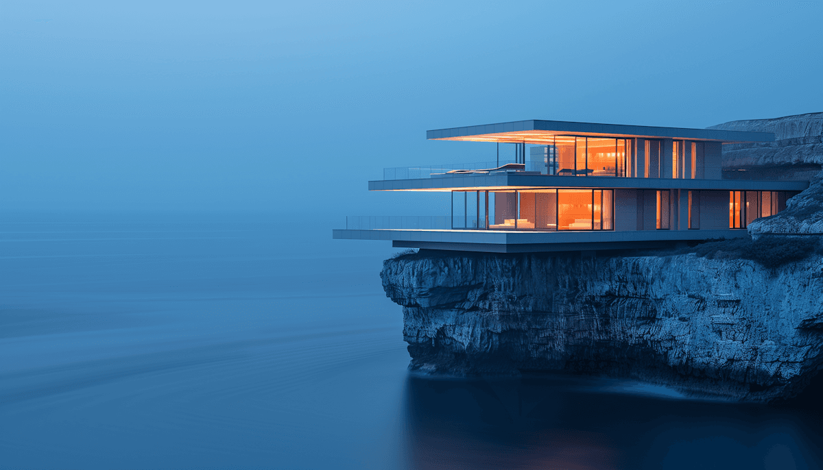 modern cliffside luxury home at dusk