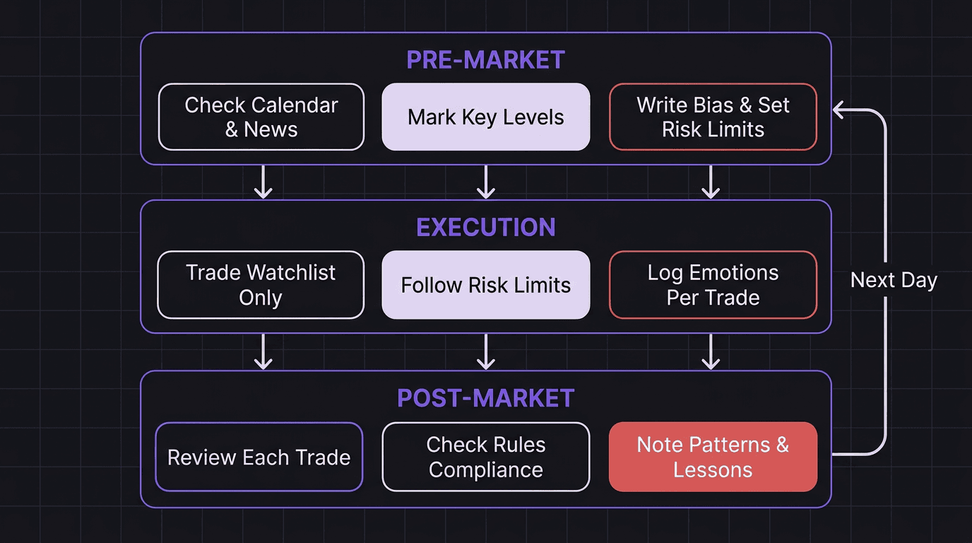 Flowchart showing three phases of a trading day: pre-market, execution, and post-market with specific tasks in each phase