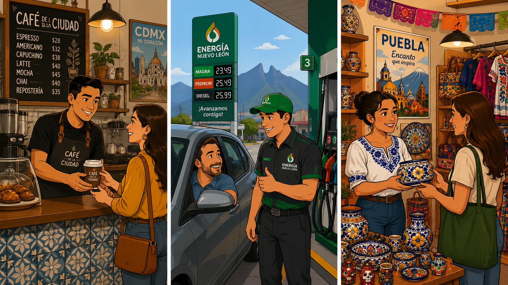 Ilustraciones que muestran diferentes tipos de servicios al cliente en una cafetería, gasolinera y tienda artesanal mexicana.