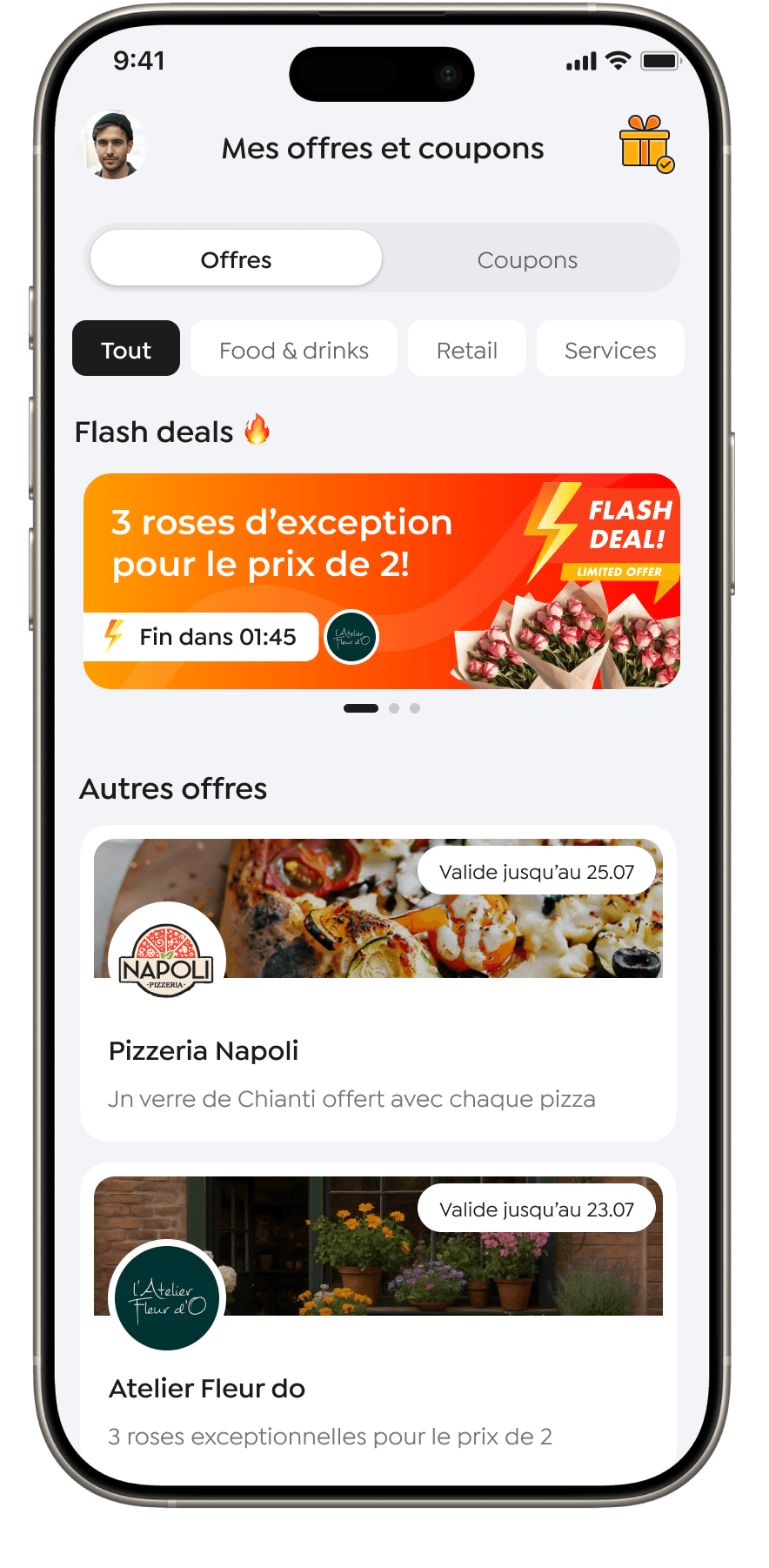 Écran de l'application mobile affichant les offres de coupons PimPay avec 10 % de réduction chez Napoli Pizzeria