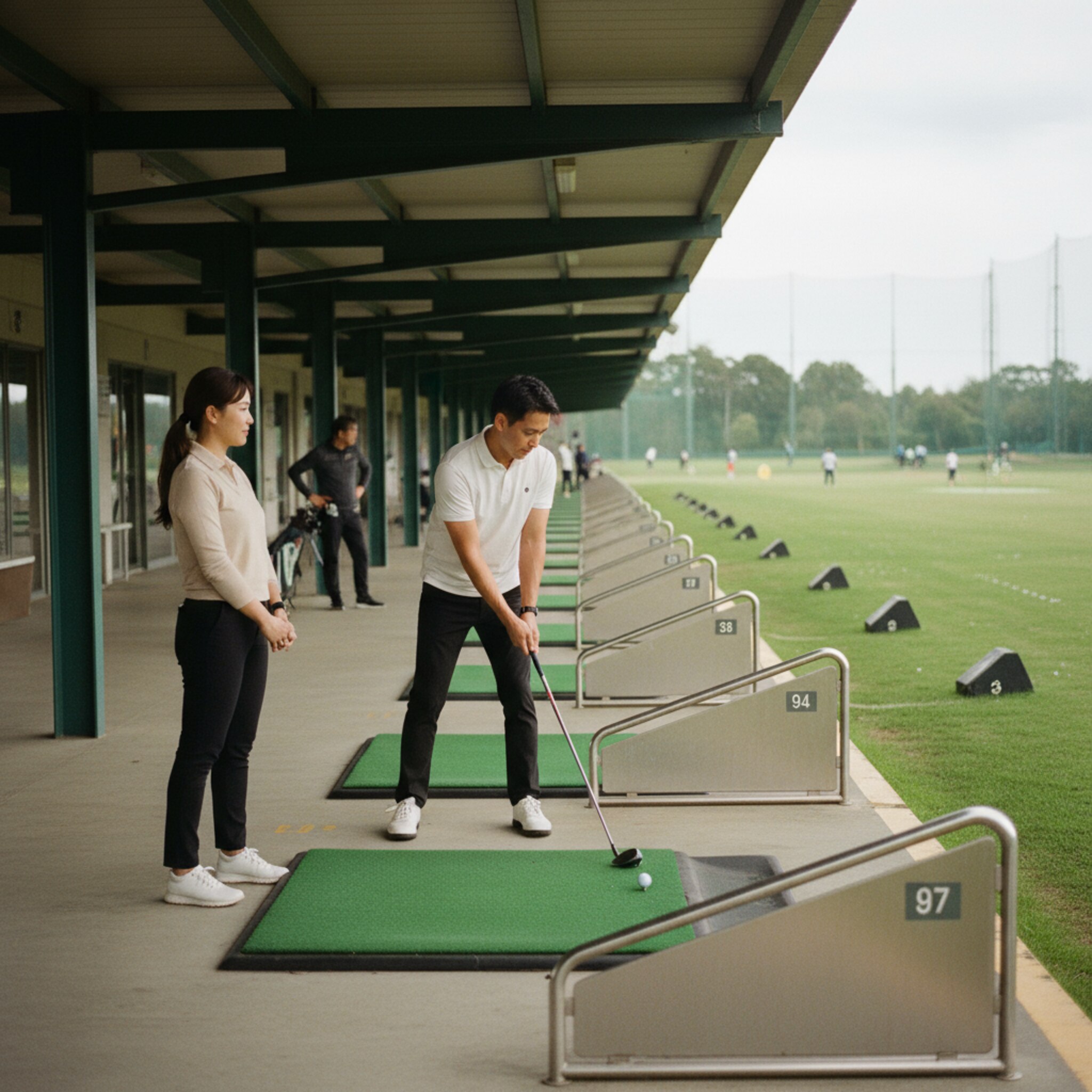 Blick über eine Reihe nummerierter Bays: Einige sind belegt, andere frei, die Verteilung wirkt gleichmäßig. Zwei Freunde wechseln sich am Tee ab, ein Marshal beobachtet entspannt aus der Ferne. Klare Abstände, ruhige Linien, viel Übersicht. Die Range wirkt lebendig, aber nicht hektisch.