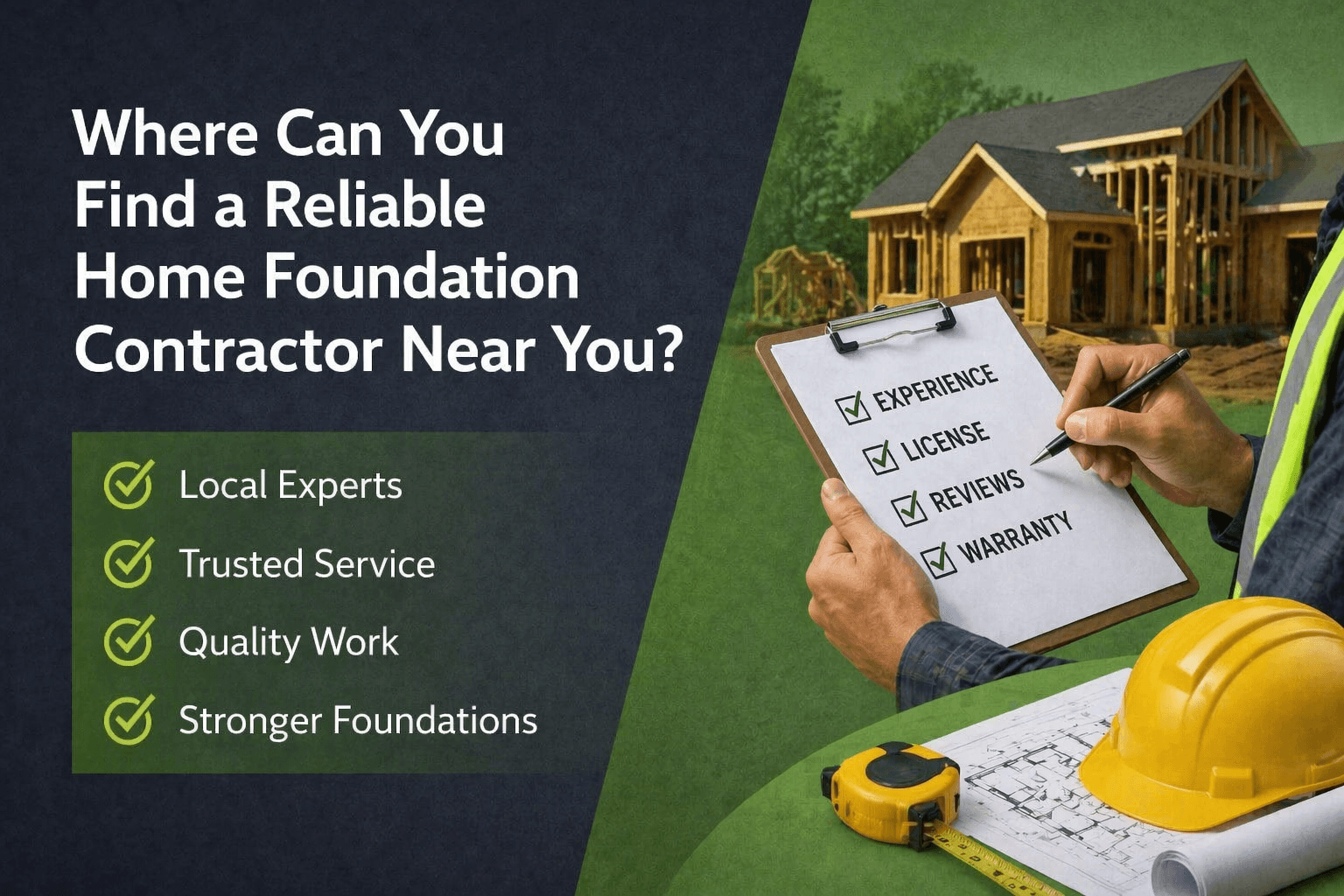 Worker reviewing foundation contractor checklist near under construction house