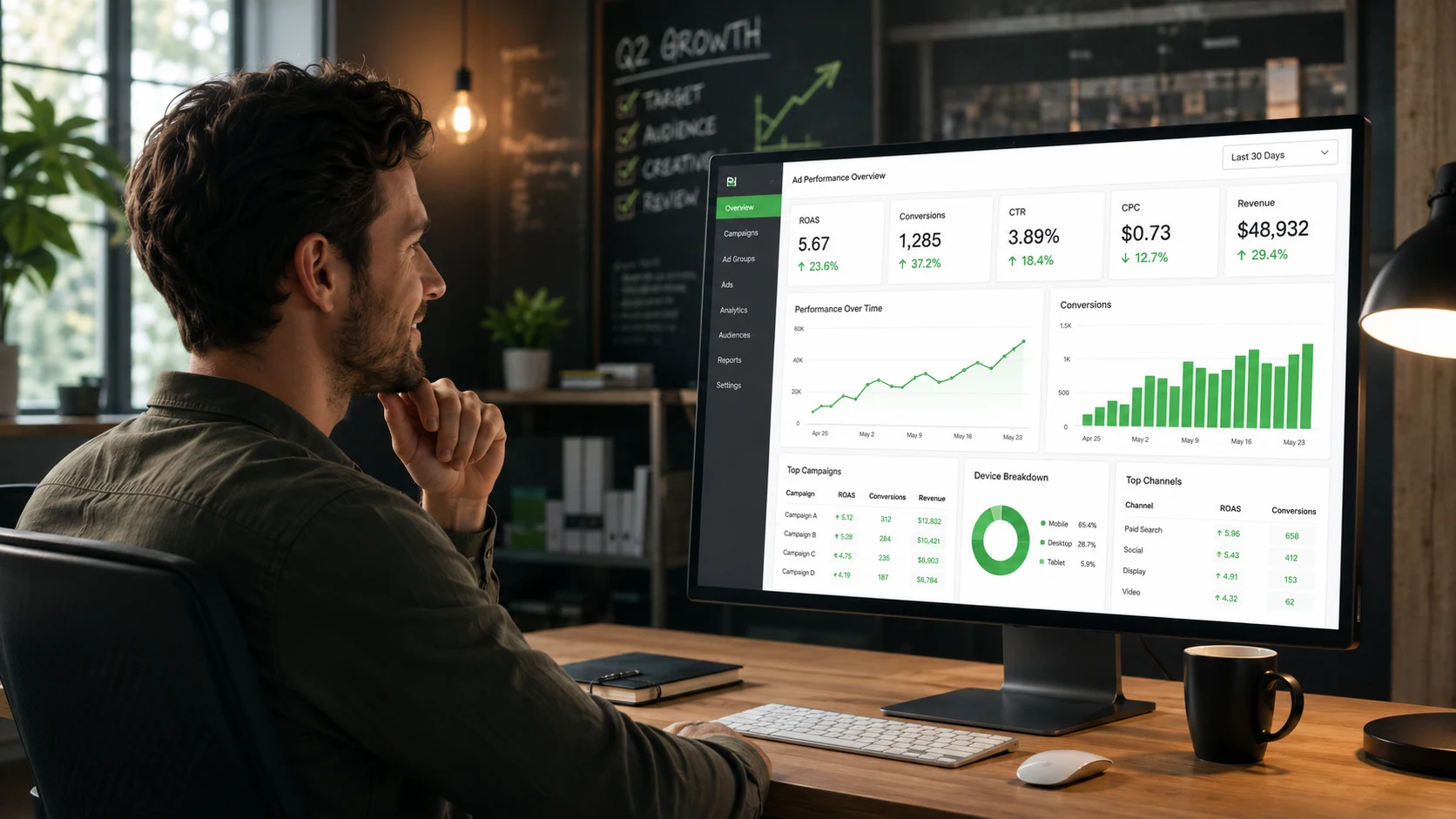 Founder reviewing an ads dashboard where every metric is finally green