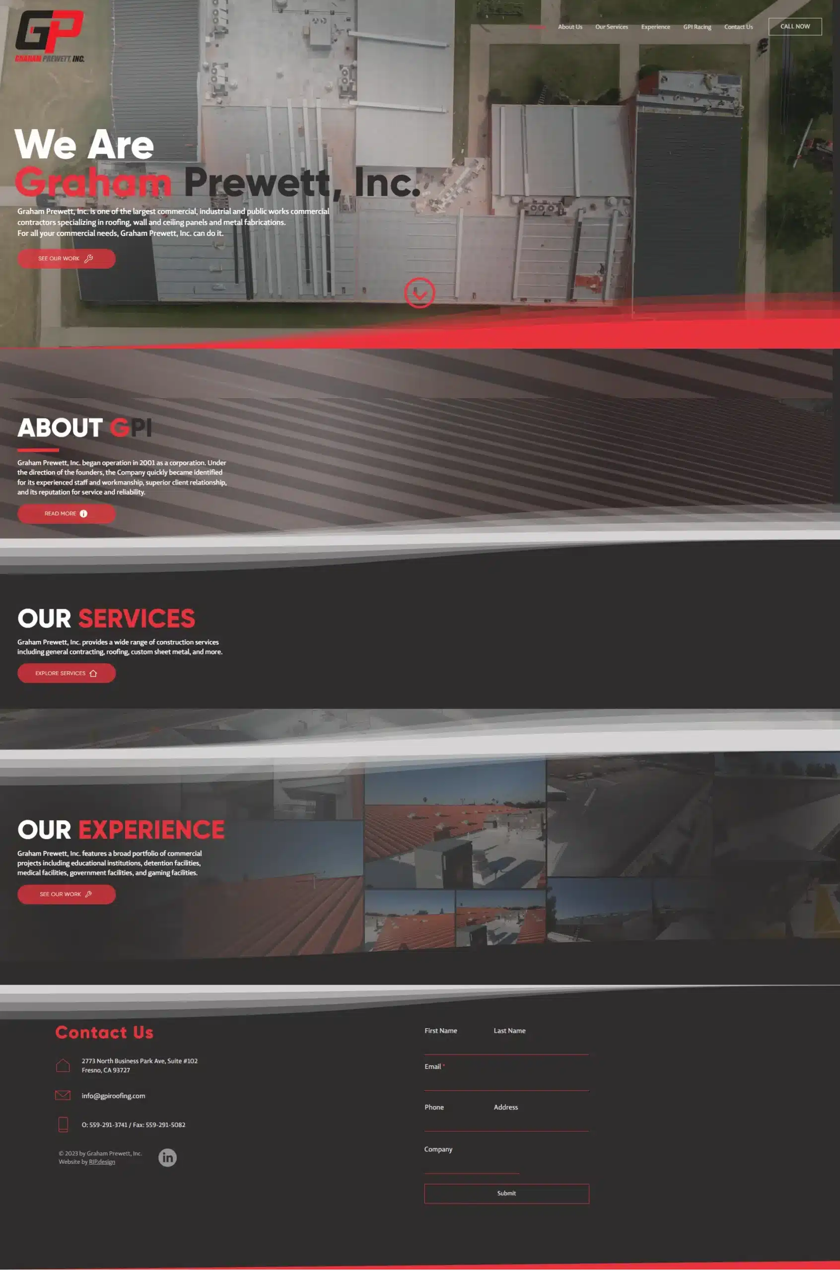Graham Prewett website design preview – industrial and commercial construction company web design by RJP.design Web Design Agency NYC, showcasing roofing and metal fabrication services.